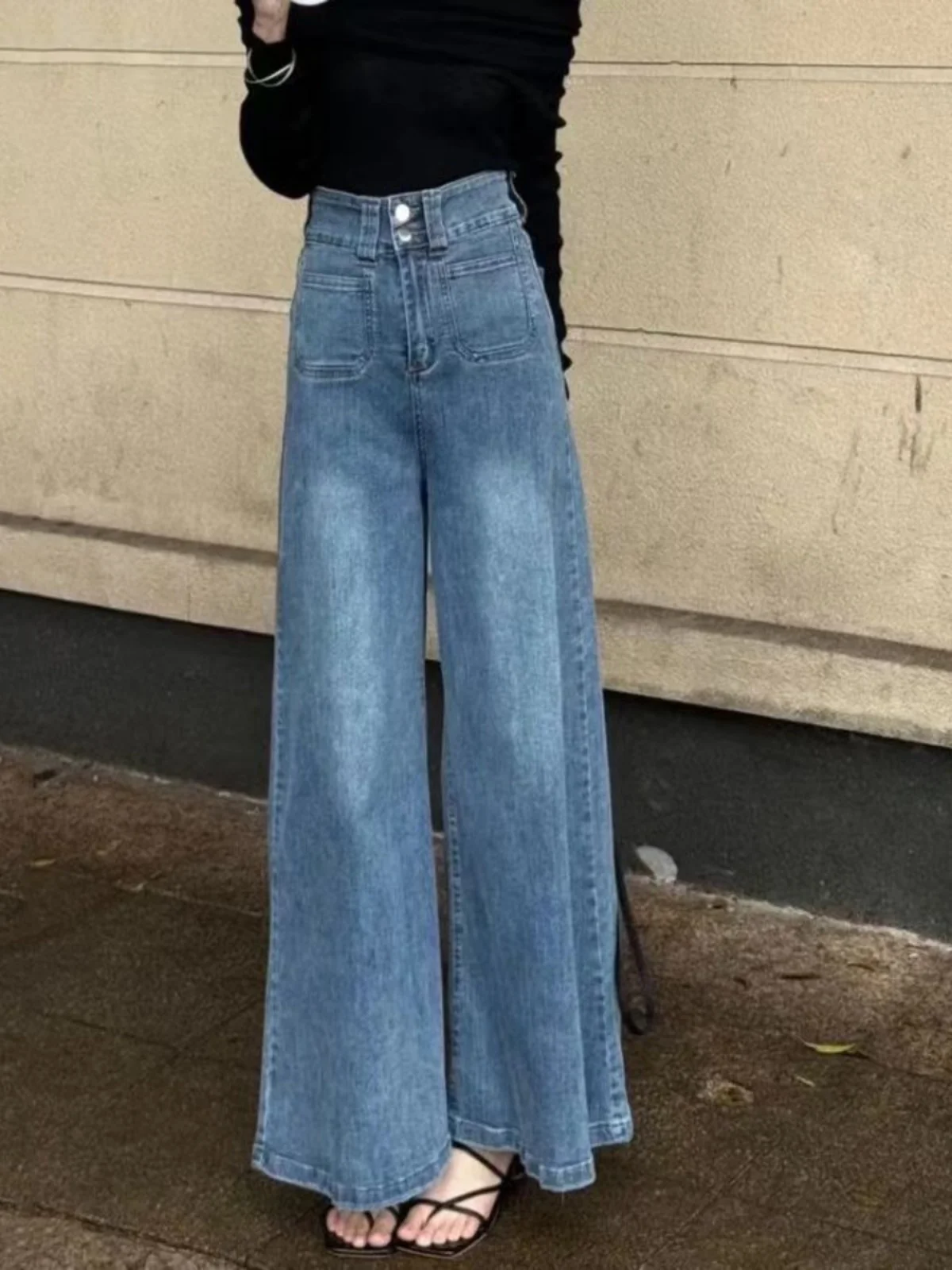 

Stylish Lazy Wide Leg Jeans Women's Loose Fit High Waist Cotton Stretch Denim Blue Color Versatile for All Seasons