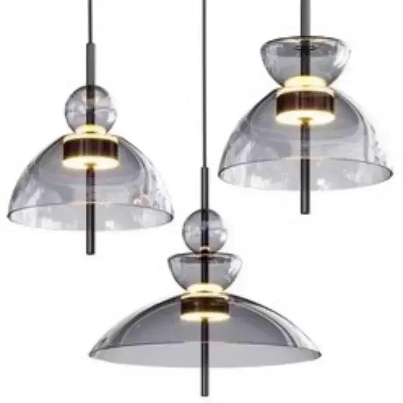 

Restaurant pendant light with simple modern design, high-end bedside coffee shop glass, LED light transparent, smoke gray
