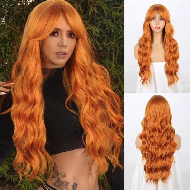 

European and American Style Orange Fashionable Wavy Long Curly Hair with Bangs for Women, Daily Wear Wig Cap