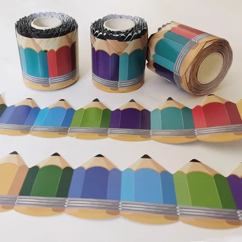 Autocollants décoratifs de bordure de tableau noir festonné de 20m, crayon Cortoon, garniture de tableau d'affichage, décor mural de Bulletin de salle de classe