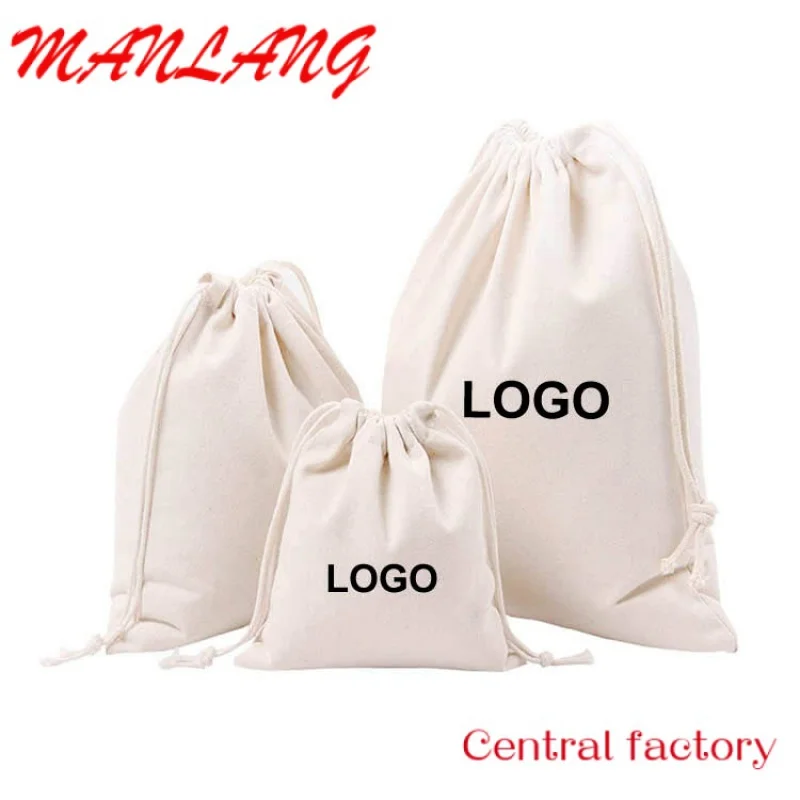 Custom  Custom Eco Friendly Organic Muslin Cotton Pouch Promotional Large Small White Calico Cloth Canvas Drawstring Bag Logo Pr