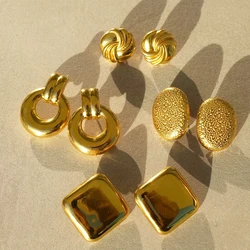 Vintage Stainless Steel Round Geometric Stud Earrings for Women Punk Gold Color Metal Texture Statement Jewelry Waterproof