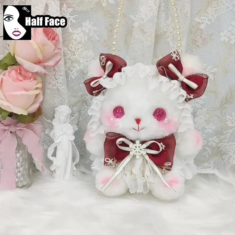 Y2K Girls Harajuku Gothic Women’s Punk One Shoulder Lolita Cute Rabbit Bow Furry Pearl Chain Small Capacity Crossbody Bags Tote