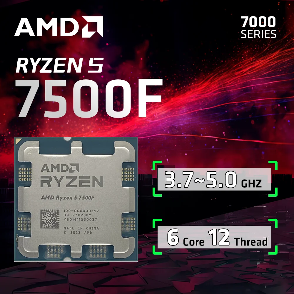 AMD Ryzen 5 7500F 프로세서, 5GHz, 6 코어, 12 스레드, 38MB 데스크탑 프로세서 소켓, AM5 CPU 게이밍 프로세서, 선풍기 없음, 신제품