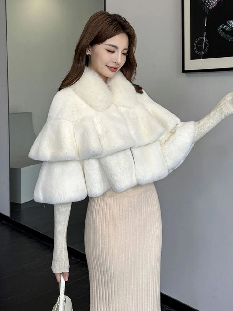 

ZADORIN Elegant Ruffled White Faux Rabbit Fur Coat Woman Luxury Designer Fur Cape Wedding Party Fur Shawl Cloak Woman Clothing
