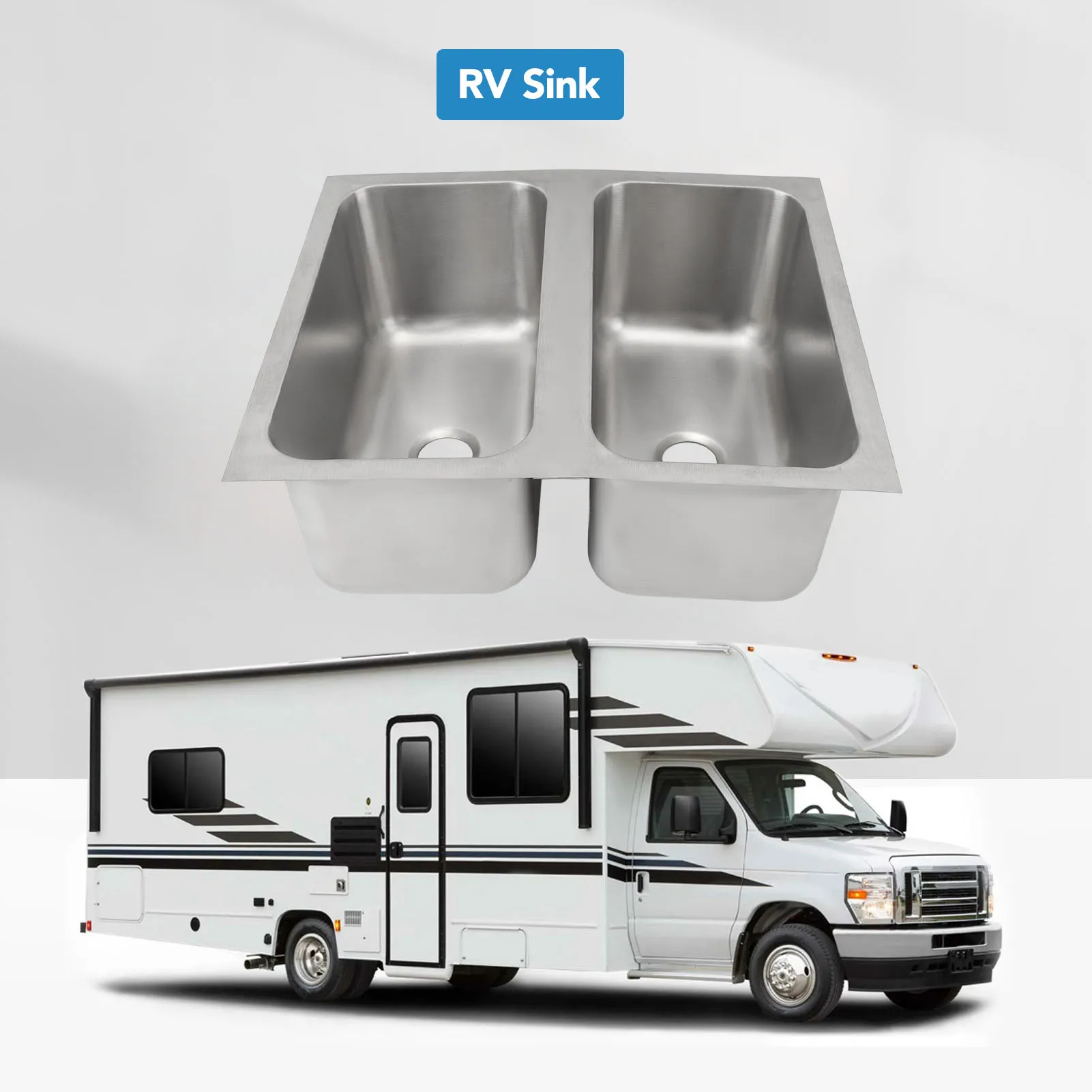 Fregadero empotrable para RV, fregadero de cocina de acero inoxidable 304, doble cuenco con salida de drenaje de 40mm para barco, autocaravana y camión