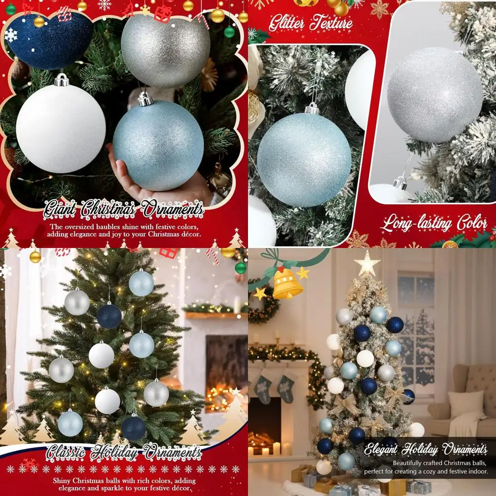 

Large 6 Inch Christmas Ball Ornaments, Glitter Navy Blue & Silver, Extra Large Xmas Tree Decorations with Hanging Loop for Holid