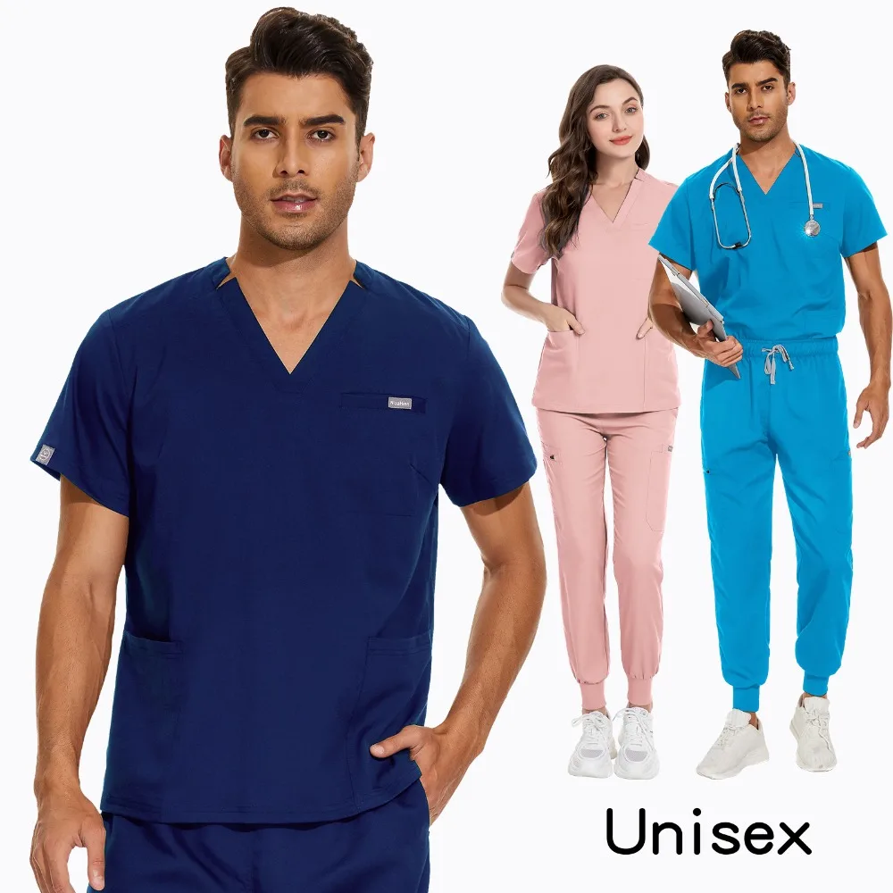 Unisex Medical Uniform Scrubs Set Nurse Clinical Workwear Surgical Doctor Nursing Suit Top Pants for Beauty Salon