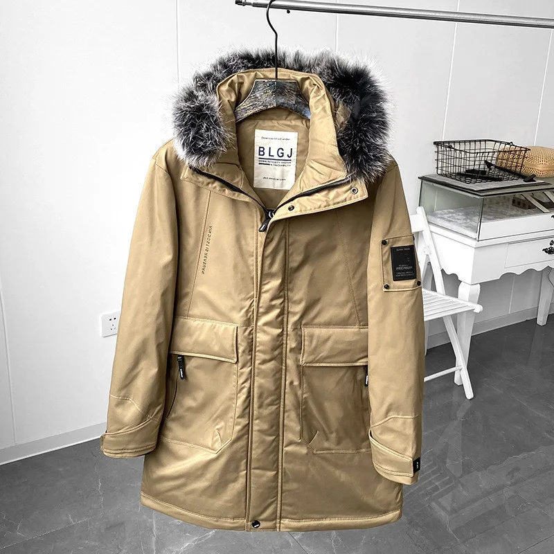 Real Fox Fur Collar Men's Detachable Hooded Medium Long Down Jacket Outdoor Trekking Outer Camp Coat Tooling Parka Storm Suit