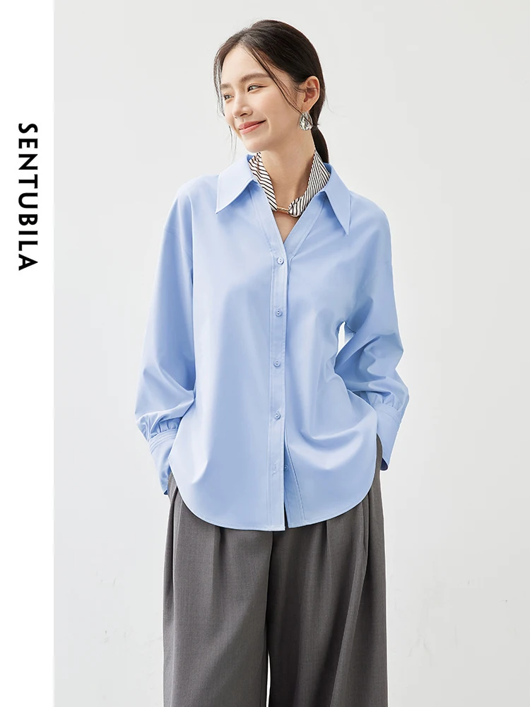 

SENTUBILA Office Lady White Shirt for Women 2024 Autumn Straight V Neck Drop Sleeves Single-breasted Basic Blouse 143C55713