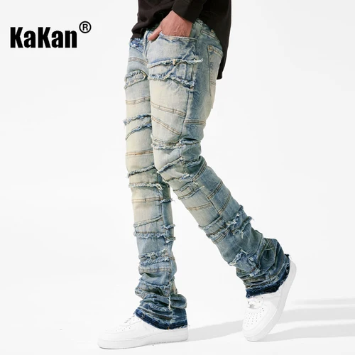 Imagen 1 del producto Kakan - Nuevos pantalones vaqueros de pierna recta para hombres europeos y americanos, pantalones vaqueros desgastados de pierna recta con parche elástico de moda urbana