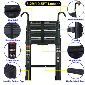 سلم علية تمديد تلسكوبي مع 2 خطافات سقف ، 3.2 متر سلم قابل للطي تلسكوبي خفيف من الألومنيوم ، محمول أعلى 8 مبيعات سلم تلسكوبي من الألومنيوم - No4