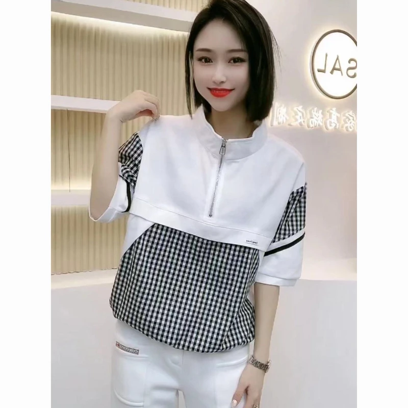 

Design Niche Striped Patchwork Sweatshirt Women Summer Loose Casual Versatile Half-zip Stand-up Collar Top Jacket