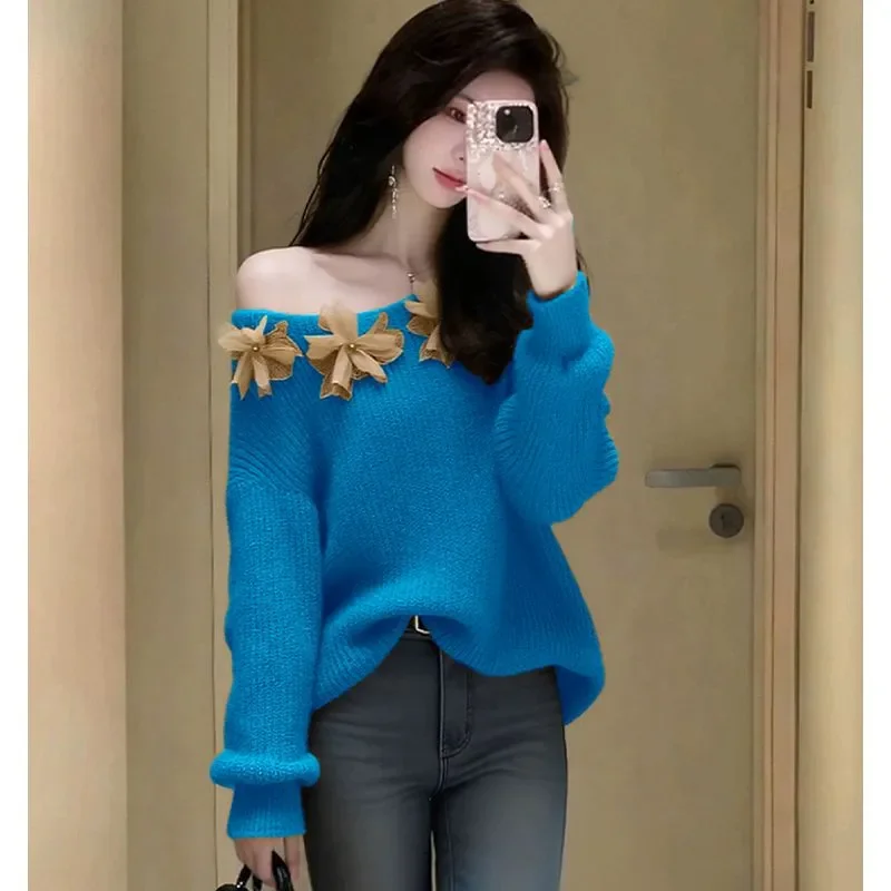 Blue Off Shoulder Knit Sweater With Floral Embellishments Casual Women's Pullover Long Sleeve Loose Fit Autumn Winter Wear