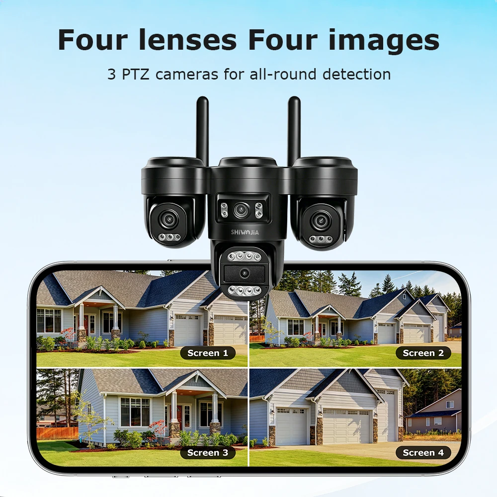 SHIWOJIA 20MP Outdoor Security Camera 4G/WiFi Cam AI Person Always On Video 4 lenses 6 independent drive HI EASY APP