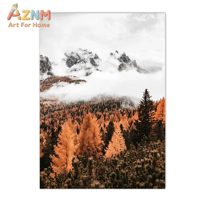 AZNM Autumn Forest Canvas Wall Art Fall Castle Waterfall Railway Cabin Mountain Scenery Unframed Canvas Print Nature Living Room