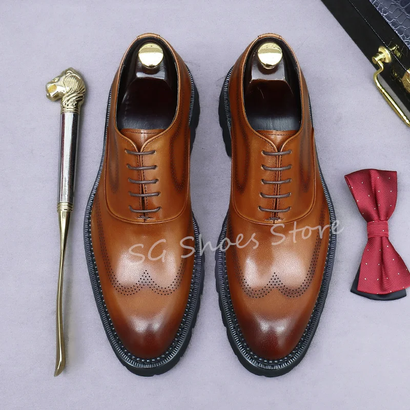 British Style Carved Hollow Out Oxford Shoes for Men Wedding Dress Leather Shoes Male Round Toe Chunky Heel Lace-Up Formal Shoes