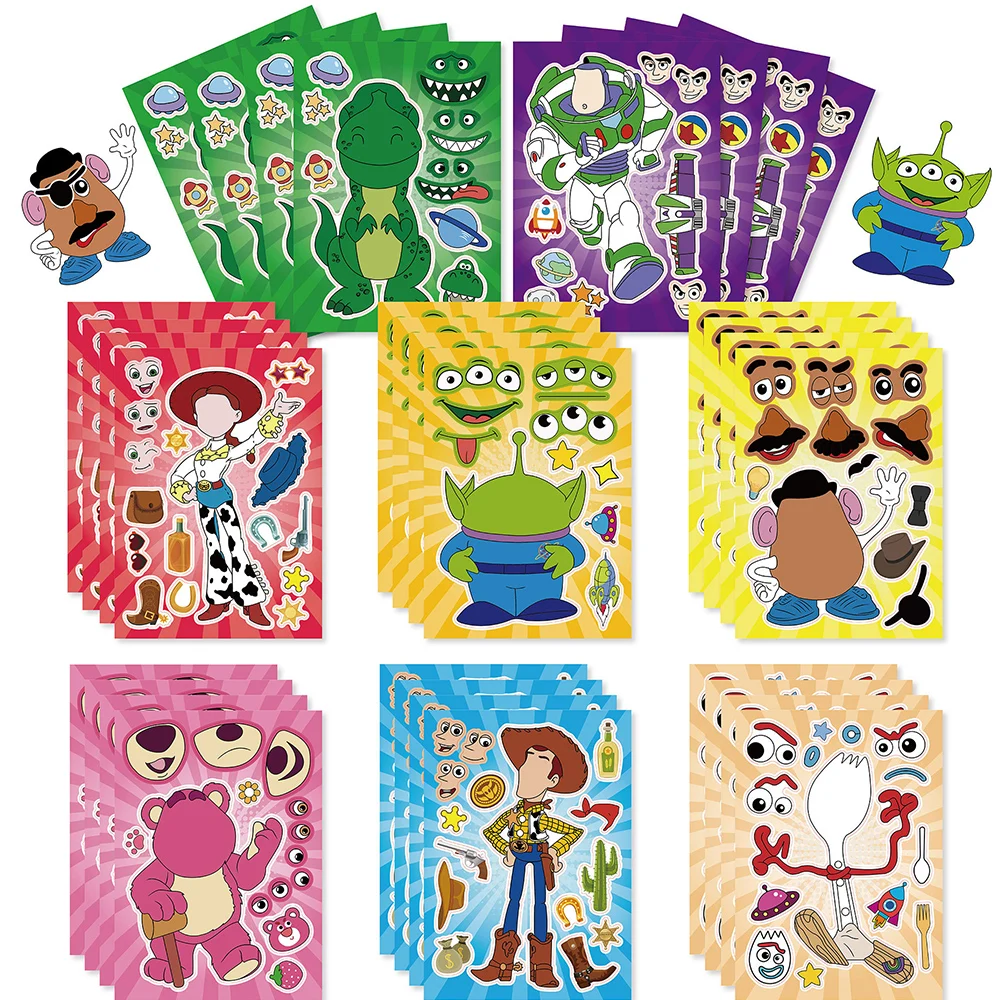 8/16 hojas de pegatinas de rompecabezas DIY de Toy Story para niños, de Disney Anime, para hacer caras, ensamblar, calcomanías de dibujos animados, juguete para fiestas de niños y niñas