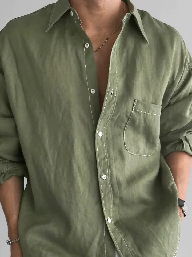 

American Style Vintage Green Cotton Long Sleeve Shirt Men's Loose Fit Classic Pocket Casual Workwear Shirt Breathable