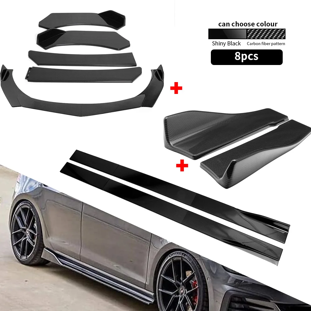 Universal Black Carbon Fiber Front Bumper Lip Spoiler/ Rear Lip Splitter+ 86'' Side Skirts Extension