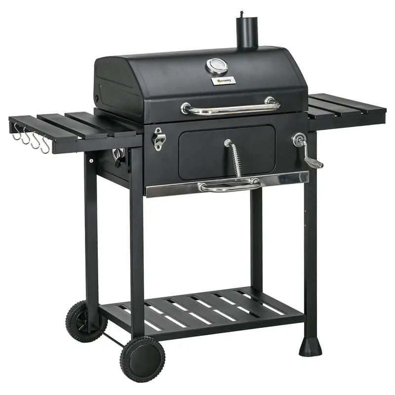 Parrilla de Carbón para Barbacoa y Ahumador, incl. Termómetro, abridor de botellas, 120 x 64 x 114 cm, negro