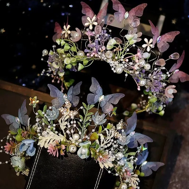 

Elegant Butterfly Wreath Headband For Children's Forest Style Crown Hairbands Princess Flower Hair Band Girl Bride Headpiece