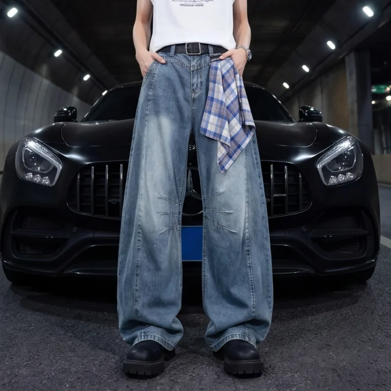 Men's Denim Pants Light Blue Washed Vintage Distressed Loose Wide Leg Casual Trousers Silhouette Baggy Jeans