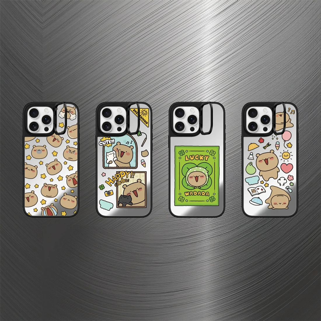 

Magnetic Phone Case Cover with Cute Face Brown Bear, Camera Stand, and Mirror for IPhone 16 15 14 Pro Max