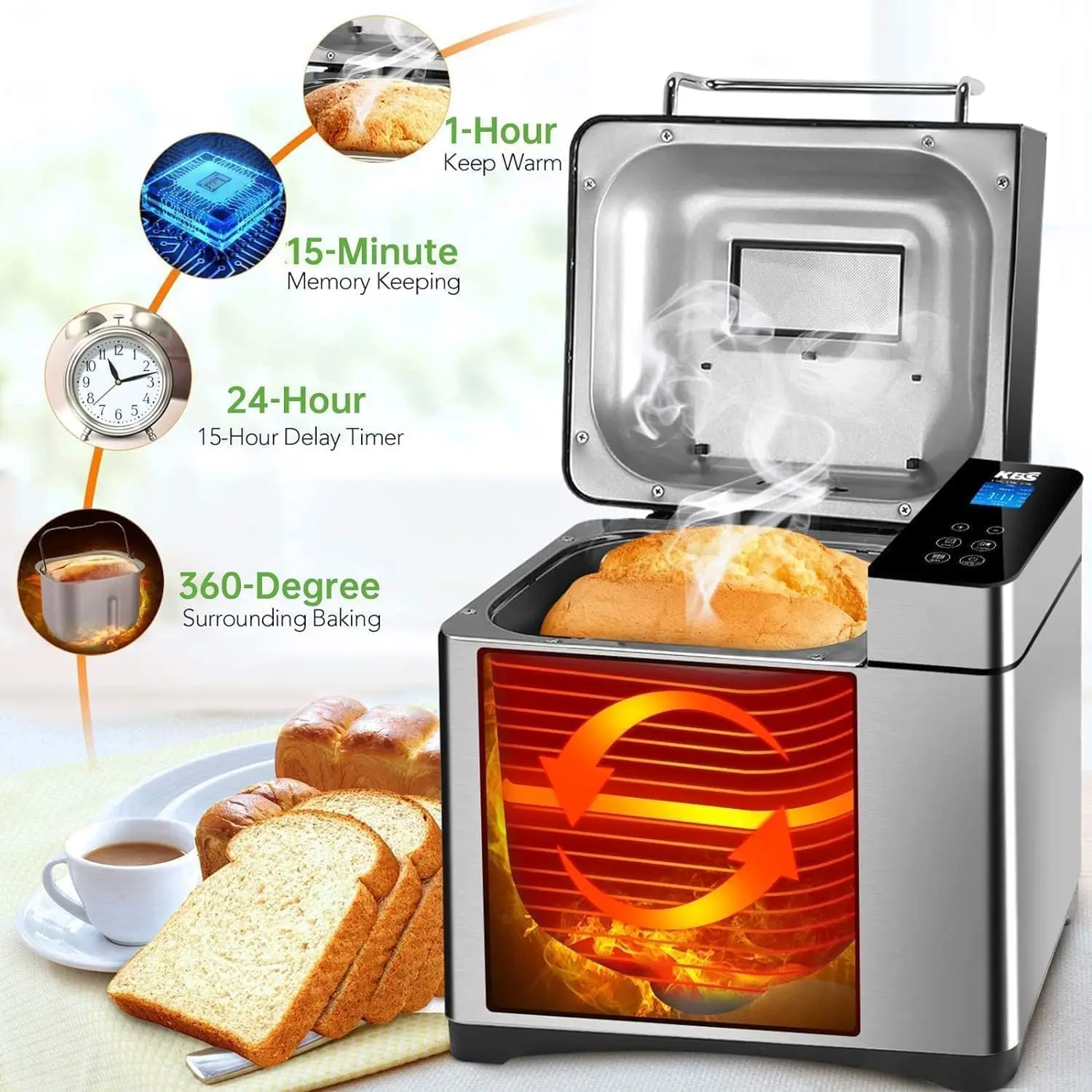 Steel Bread Machine, 2LB 17-in-1 Programmable XL Bread Maker with Fruit Nut Dispenser, Nonstick Ceramic Pan& Digital Touch Panel