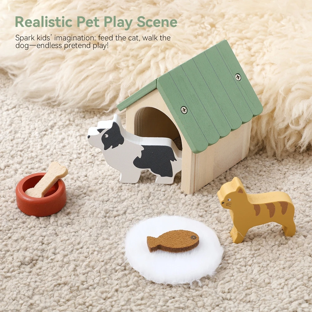 Blocs de construction d'animaux de dessin animé en bois, jouets pour enfants, ensemble de scène d'animaux de compagnie simulés, jouets d'imagination interactifs pour bébés, articles décoratifs en bois