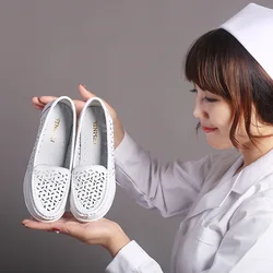 Women White Nursing Shoes Spring Autumn Ladies Wedges Platform Loafers Female Work Slip on Leather Hollow Out Shoes Summer Tenis