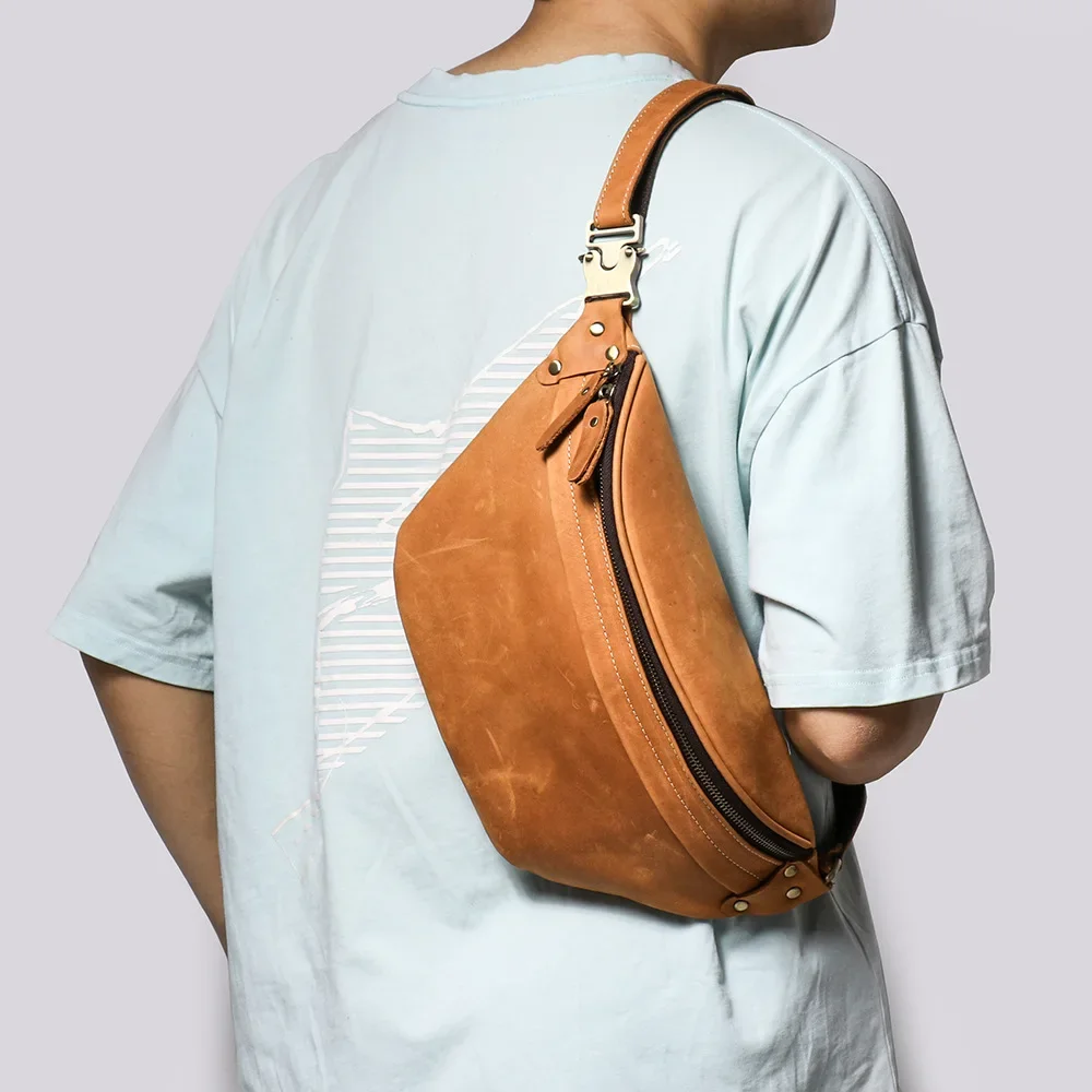 Bolso de pecho de cuero vintage para hombre, bolso cruzado de cuero Crazy Horse con múltiples funciones