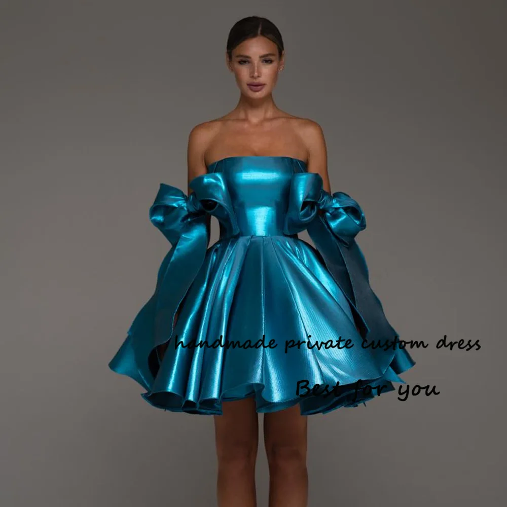 

Dark Blue Silk Satin Short Homecoming Dresses for Teens Strapless A Line Prom Party Dress for Juniors with Bow Homecoming Gowns