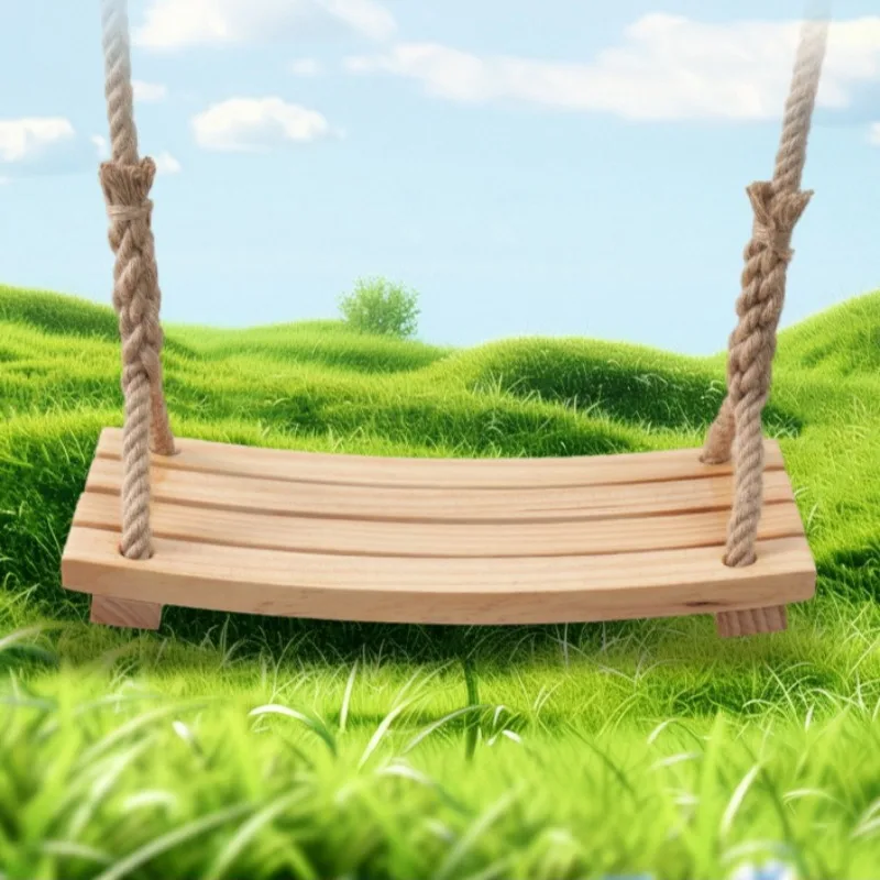 Outdoor Backyard Curved Wood Swing Pine Hanging Chair With Hemp Rope Balcony Relax Seat