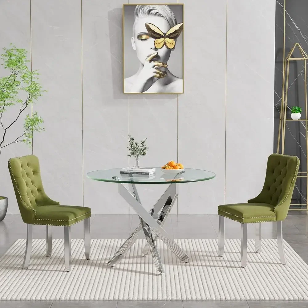 Glass Dining Table Set for 2, Small Kitchen Table Set for 2, 35 Round Glass Table with Olive Green Velvet Chairs Set for 2, 3-Pi