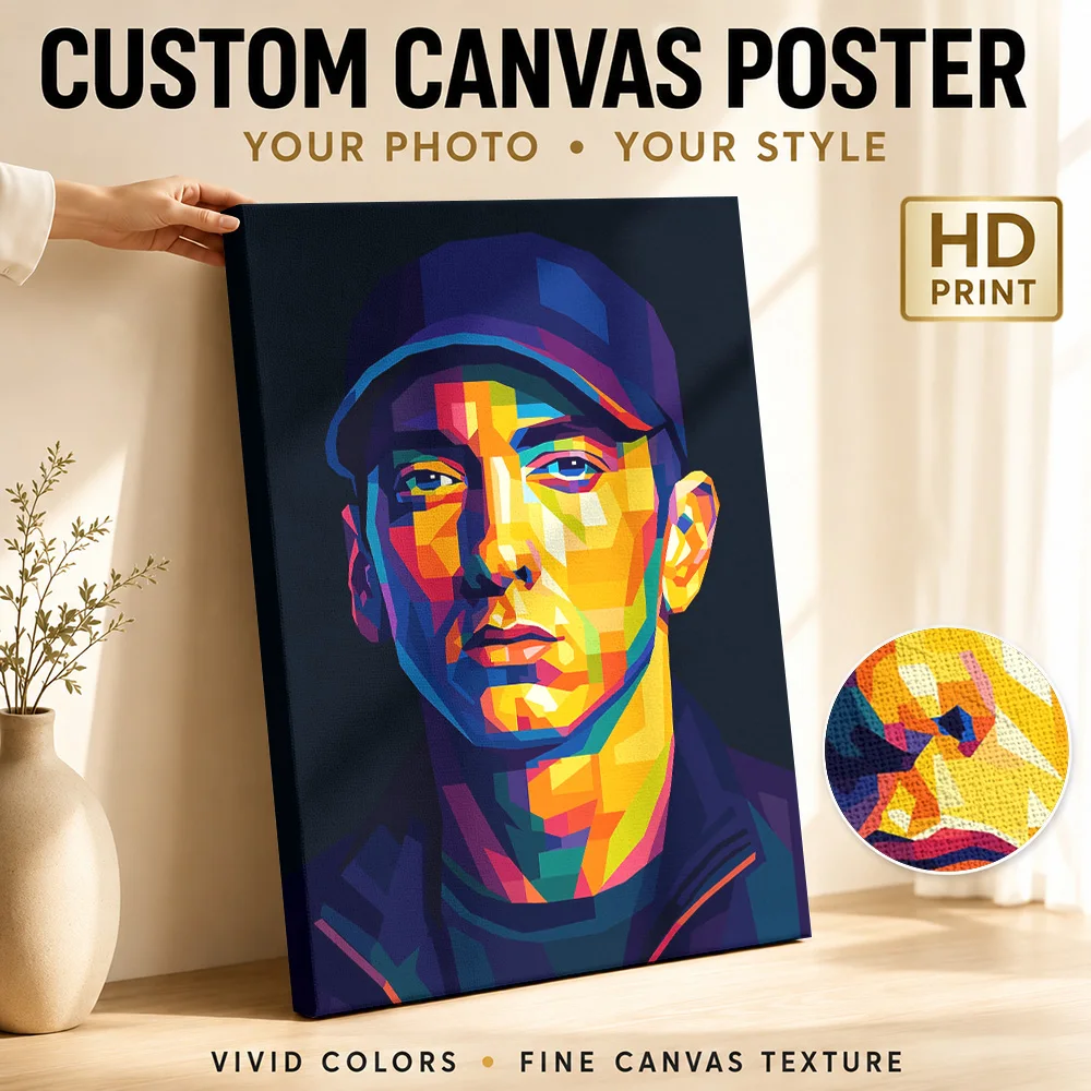 Eminem Portrait Framed Canvas Print Personalized Photo Geometric Color Blocking Wall Art For Listening Lounge, Musician Gift