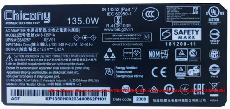 Original 19.5V 6.92A 135W A18-135P1A A135A050P AC Adapter Charger For Acer ConceptD 3 N20Q5 CC314-72G Laptop Power Supply OEM