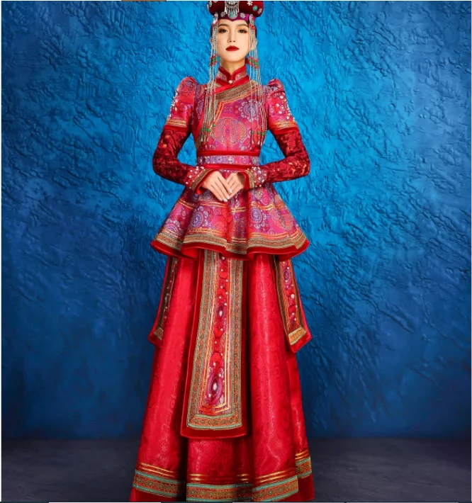 

Женский красный монгольский халат для тяжелой промышленности, свадебное платье в этническом стиле, танцевальное платье