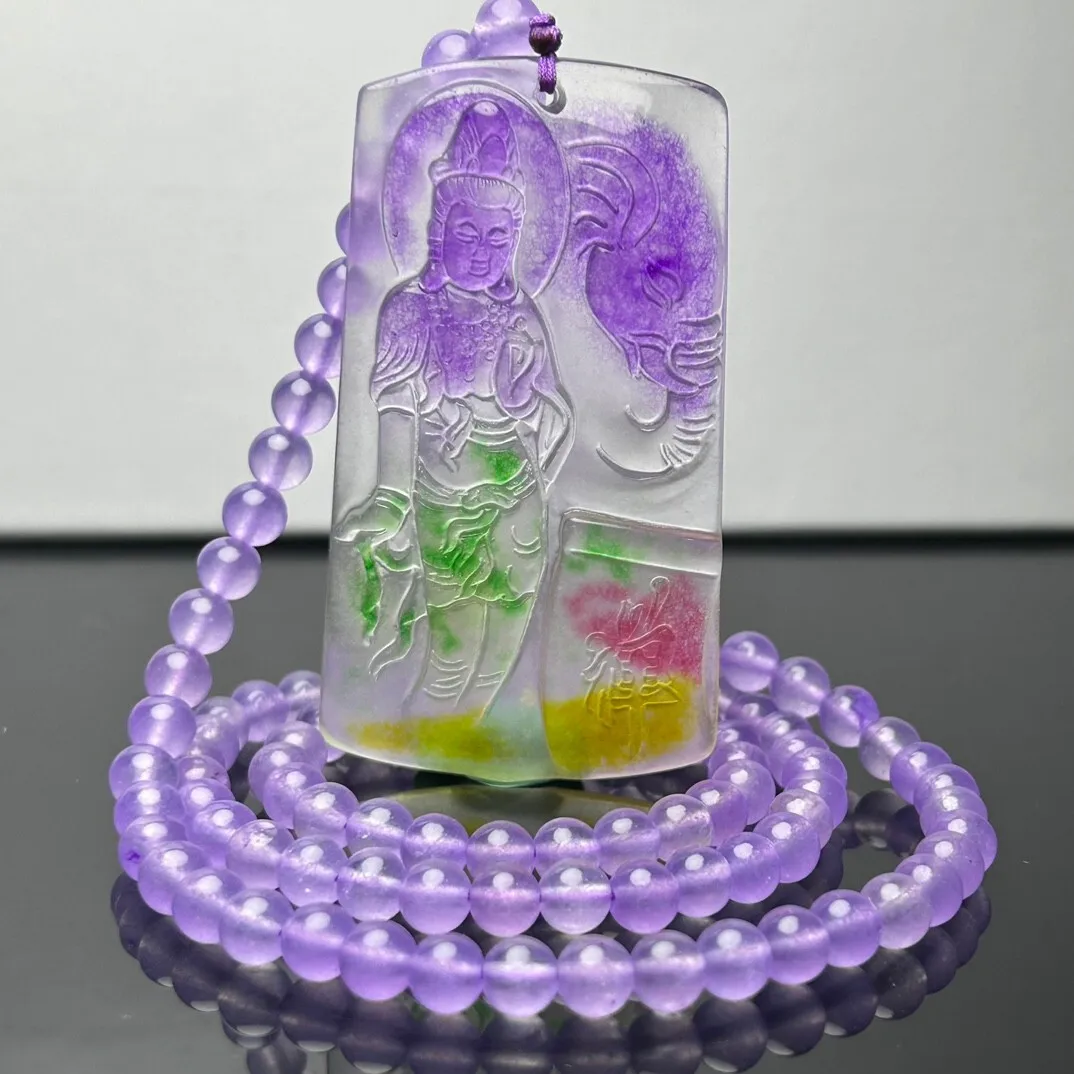 

Certified Natural Ice Multicolor Jade Jadeite Carved GuanYin Pendant&Necklaces