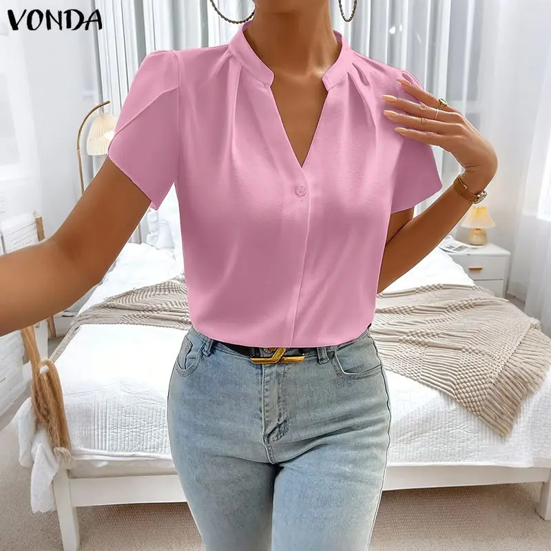 

Elegant VONDA Summer Women Blouses Solid Color Female Blusas Short Sleeve Ruffle Sleeve V Neck Tops Party OL Work Tee Streetwear