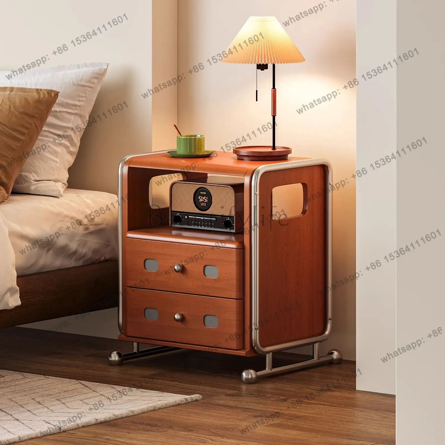 Zj. French retro solid wood treasure box bedside table stainless steel medieval bedroom side cabinet