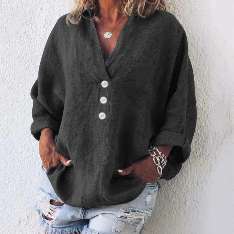 2024 Simple Style Single Pockets Shirt Women V Neck Button Decoration Pullover Blouse Female Solid Color Cotton Linen Loose Tops