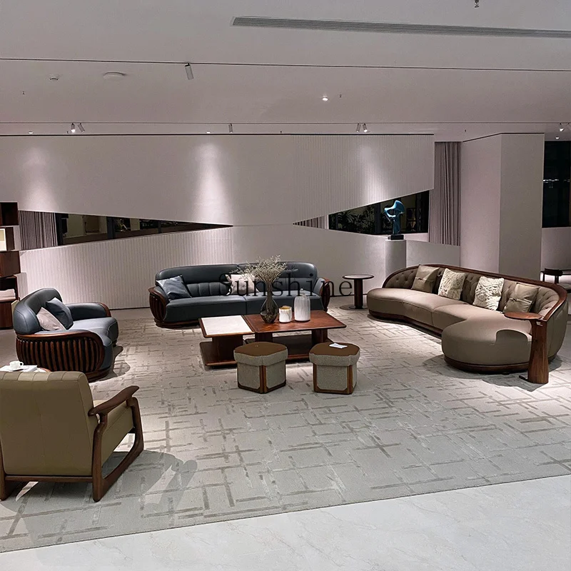 New Chinese light luxury solid wood living room villa straight row high-end leather sofa simple and modern