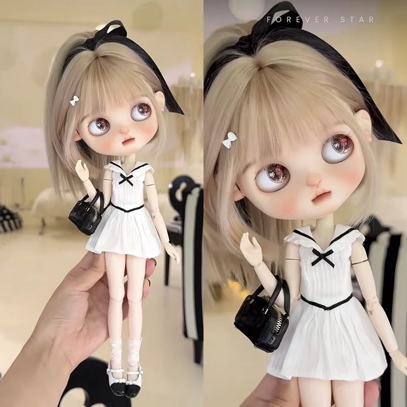 DLBell Mode Blythe Kleding Witte Mouwloze College-stijl Jurk Mini Feestjurken voor Blythe OB24 Pullip 1/6 Poppen Outfit