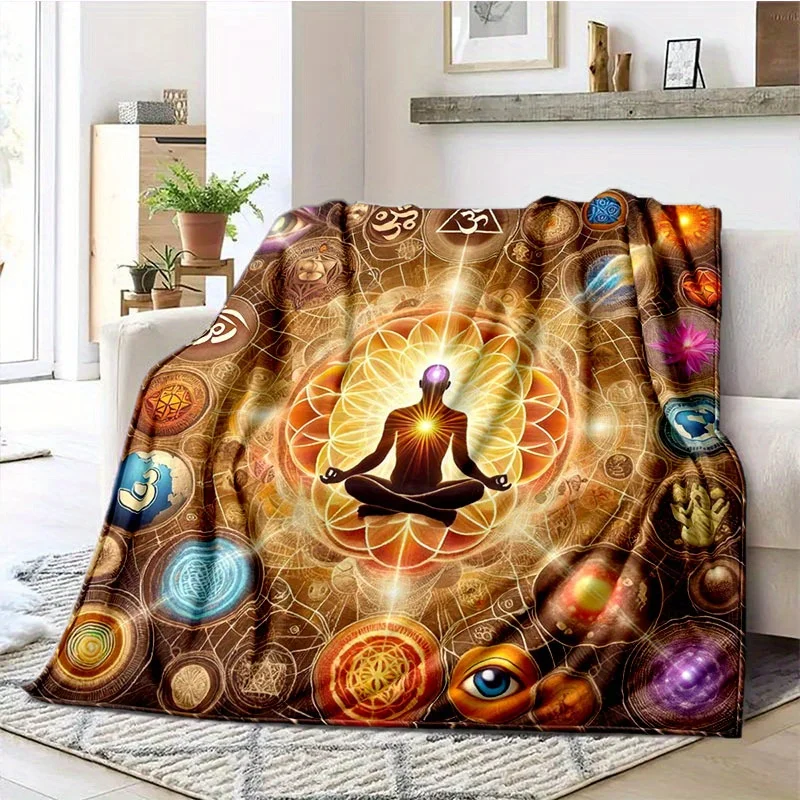Esoteric Spiritual Yoga Chakra Cosmic Mandala Art Pattern Flannel Blanket Warm Throw For Lounge Bedroom Holiday Warm Gift