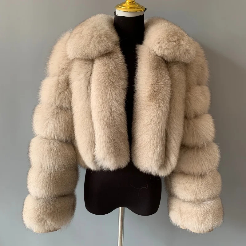 HUAQIUMEISI Echt vossenbont jas dames winter elegant verticale streep met kraag korte stijl 100% natuurlijk vossenbont jas - afbeelding 1
