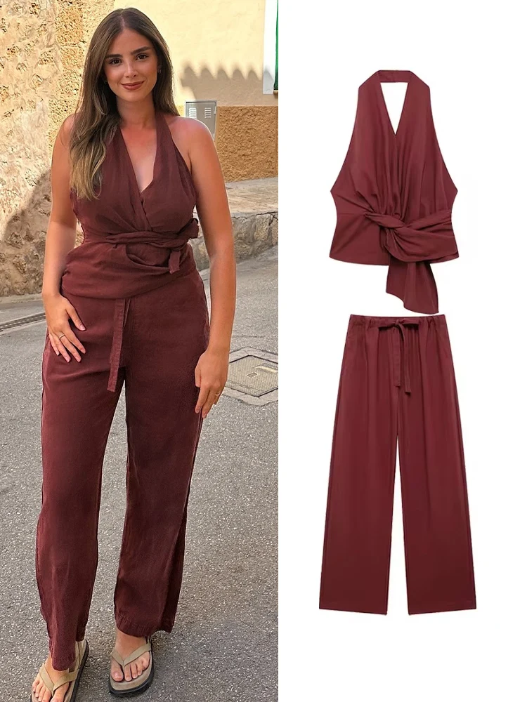 TRAFZA Female Chic Sets V-Neck Sleeveless Backless Zipper Tops+Elastic Waist Lace-Up Wide Leg Pant ​​​​Summer Suit Woman Trendy