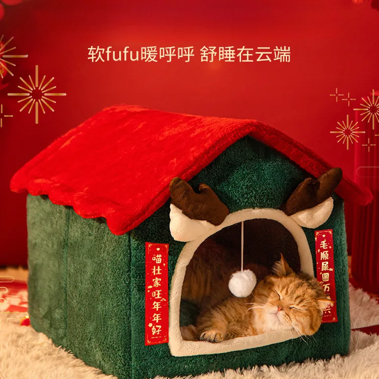 Christmas Elk Cat's Nest Thickened with Velvet  Cat House Tent  Keep Warm in Winter  Removable and Washable Kennel Closed