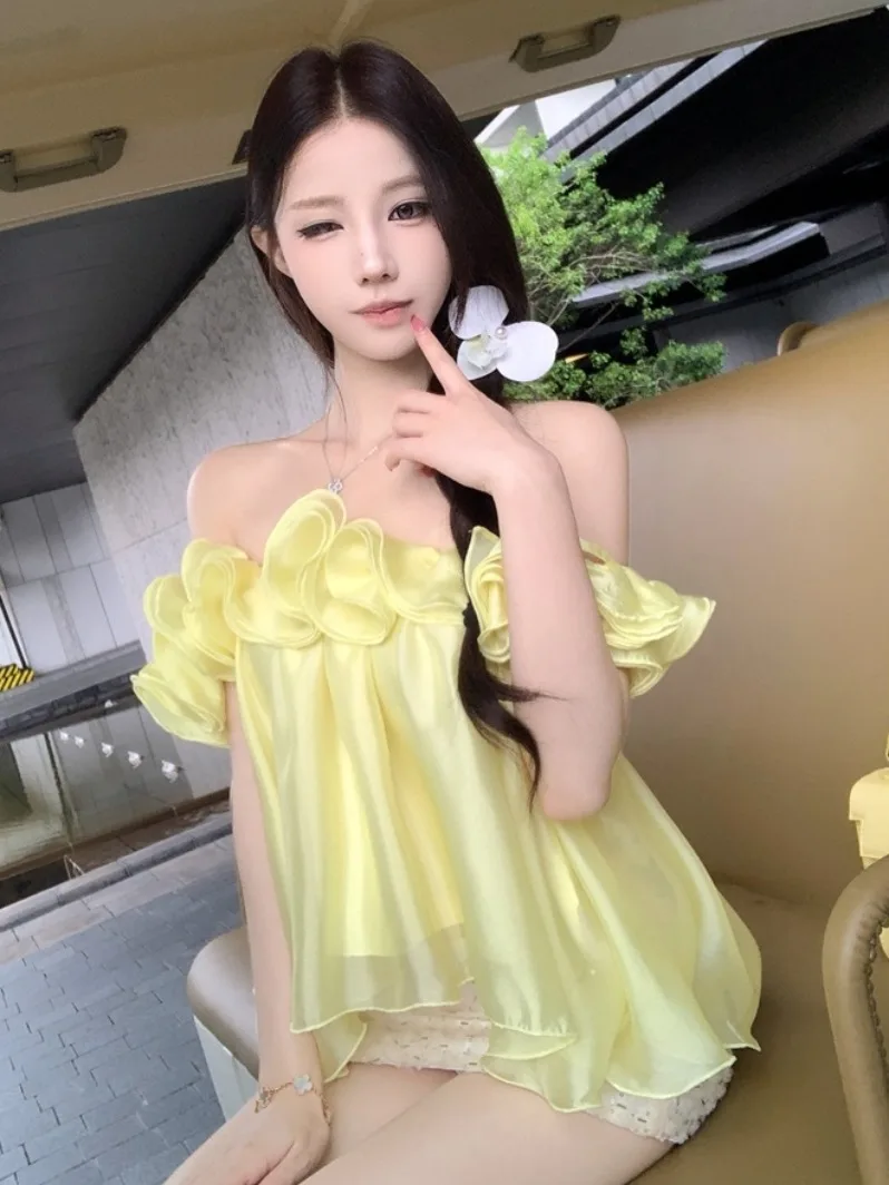 

Summer Style Loose Fit Women's Chiffon Top with Lace Trim Shoulder Bared Design Sensation Small Audience Elegant Slimming Effect