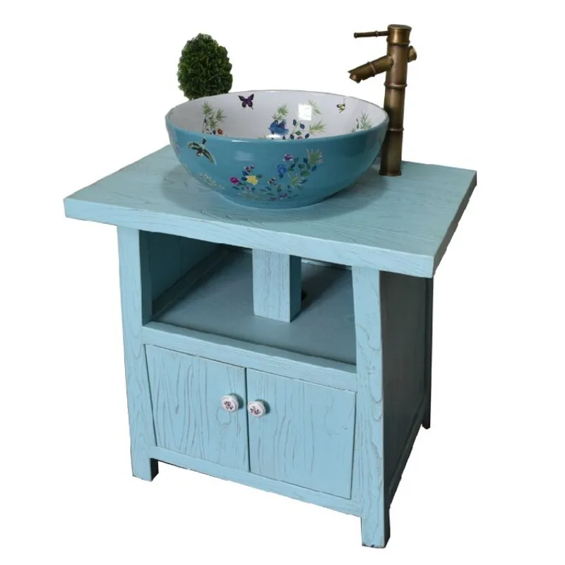 Mediterranean bathroom cabinet American wash basin cabinet combination European country floor blue wash basin